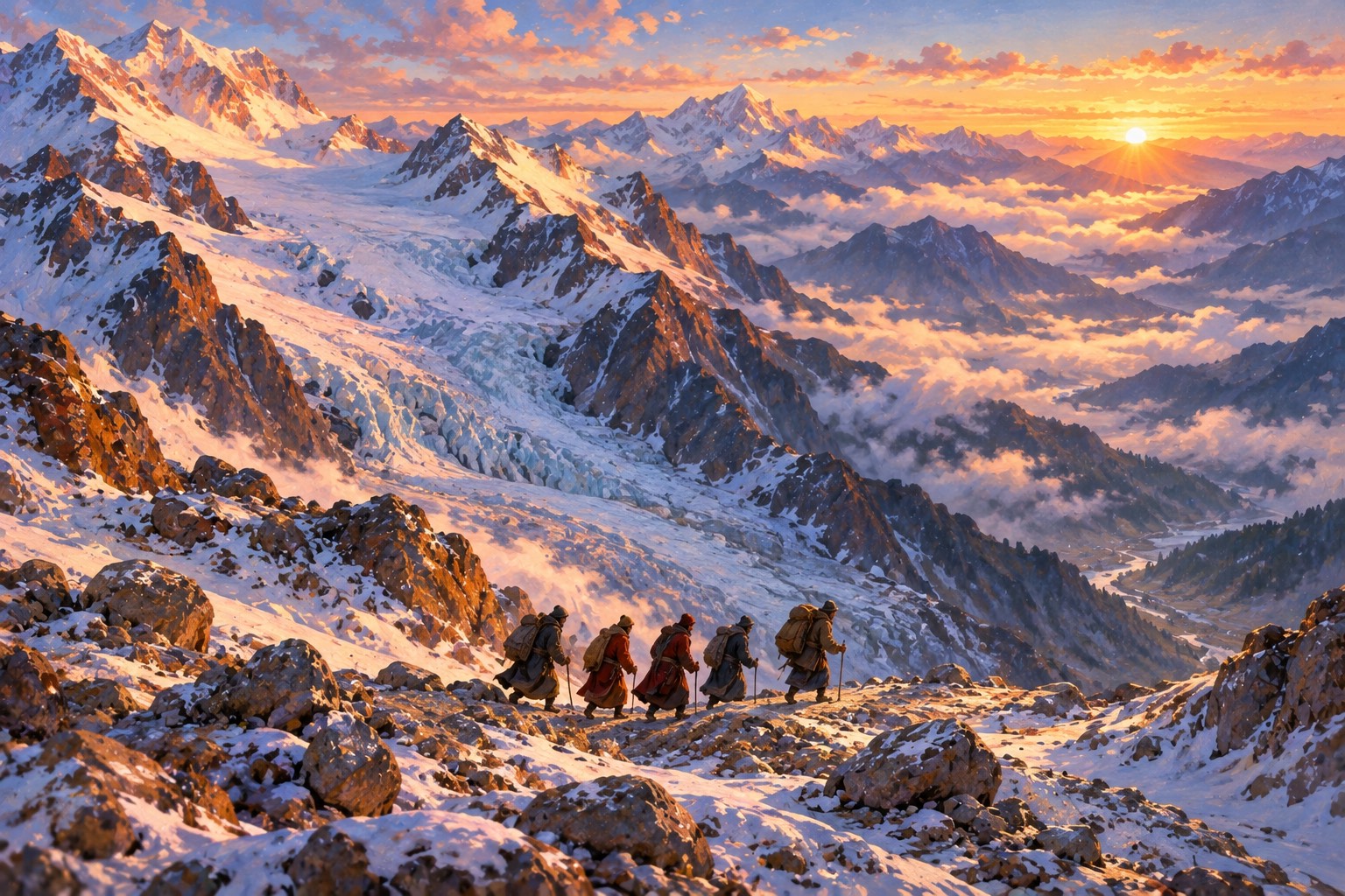 A high mountain pass at dawn seen from above, with a great glacier, rose-lit snowfields and a stony saddle. A tiny line of five travellers in dark cloaks crosses the pass toward misty valleys in the south.