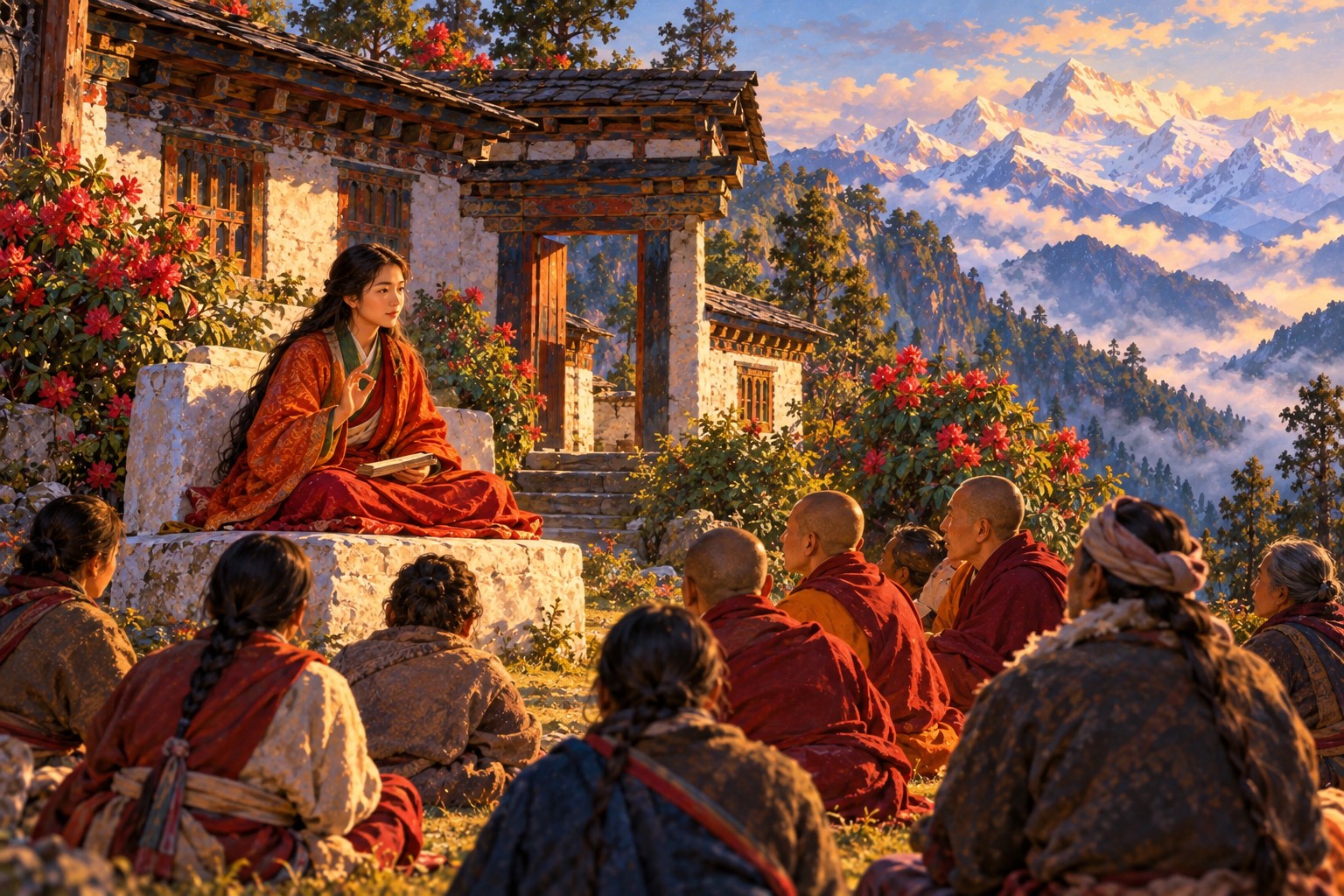 A young woman in red-orange robes sits cross-legged on a low whitewashed stone throne outside the gate of a small hilltop monastery, teaching monks in maroon and lay people seated on the grass, with forest and snow peaks behind.