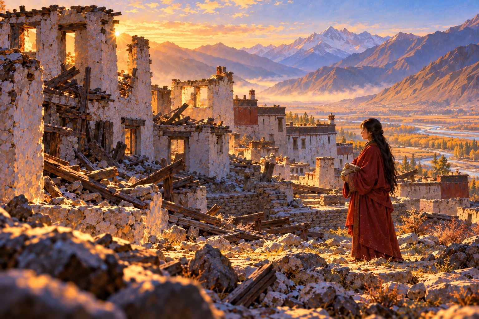 At dawn a young woman in a dark red robe stands beside roofless, damaged whitewashed walls and fallen beams, looking at the ruins with a calm and determined face.
