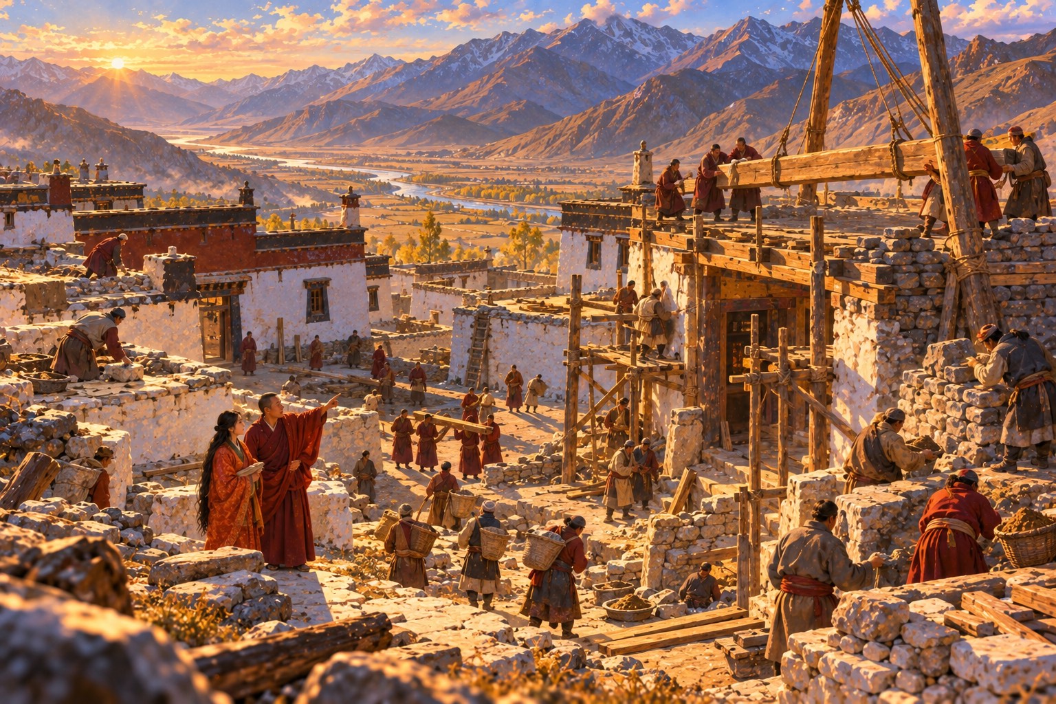 From above, a monastery courtyard busy with rebuilding: masons laying stone, people carrying baskets and timbers, a new beam being raised. A woman in red-orange and a man in maroon stand together watching the work.