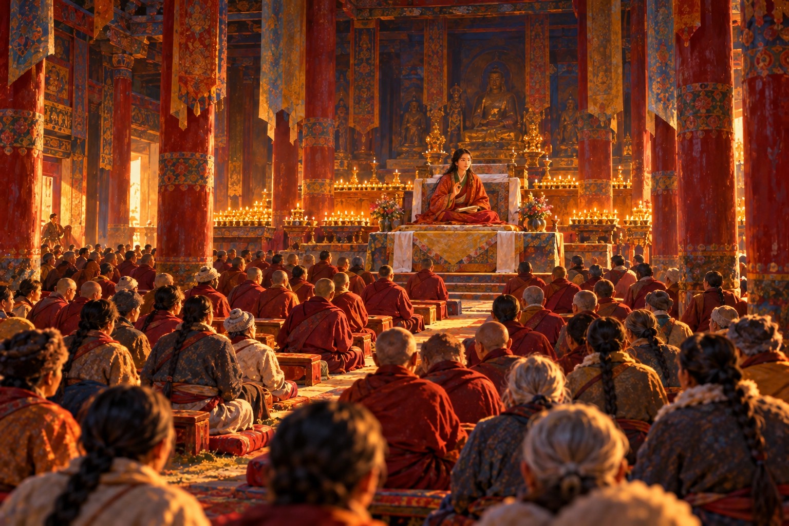 A great pillared hall lit by hundreds of butter lamps, filled with monks, nuns and lay people seated in rows facing a woman teacher on a raised throne at the far end.