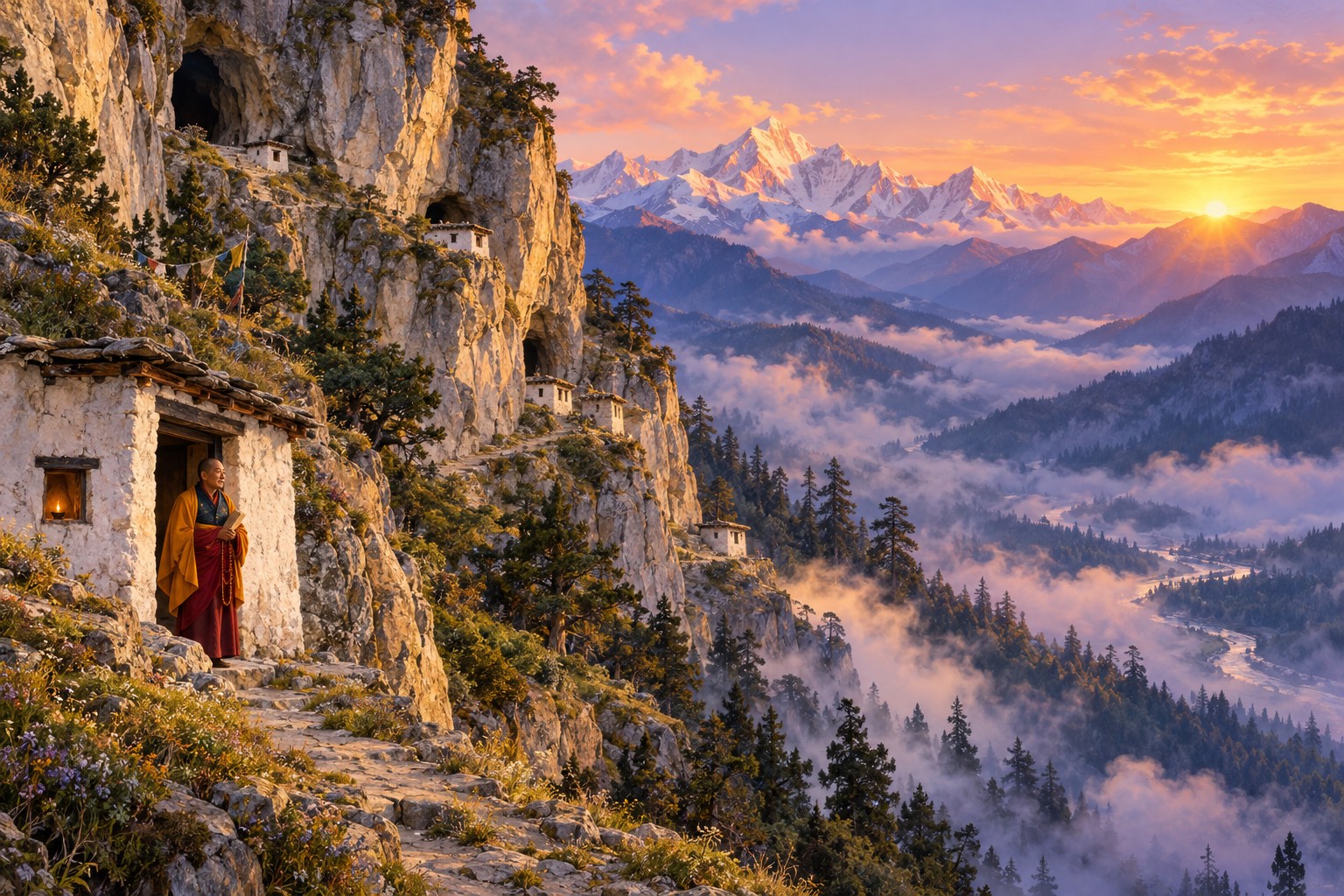 A pale cliff with small white retreat huts on its ledges glows in rose-gold dawn light above a misty forested valley and snow peaks. A tiny monk in an orange shawl stands in a hut doorway facing the sunrise.