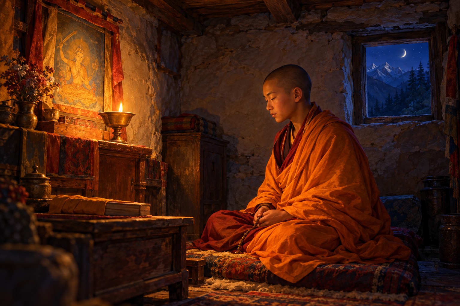 At night in a tiny stone hut, a teenage monk in an orange shawl sits in meditation before a single butter lamp, a crescent moon and dark trees visible through a small window.