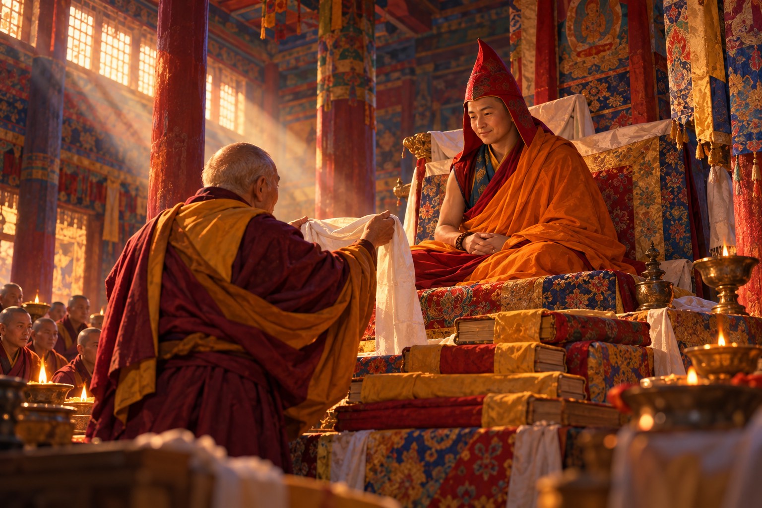 Seen from below in a monastery hall, a monk in a tall red pointed hat sits on a high brocade throne before stacks of cloth-wrapped scriptures while an elderly lama offers him a white silk scarf.