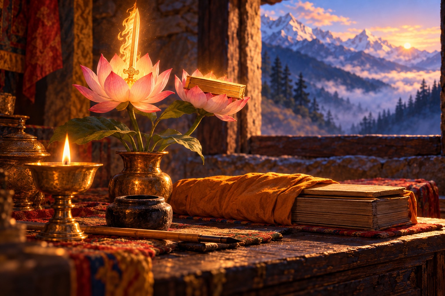 On a dark wooden desk at dawn, a bamboo pen, an ink pot, face-down paper folios and a small butter lamp. Behind them two pink lotuses hold a small glowing flaming sword and a closed book.