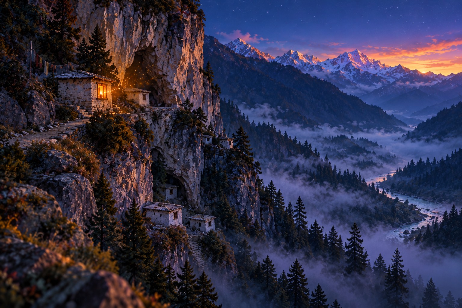 Seen from high across a misty valley at dusk, a pale cliff in deep blue shadow with one small hut whose window glows amber, the first stars appearing above.