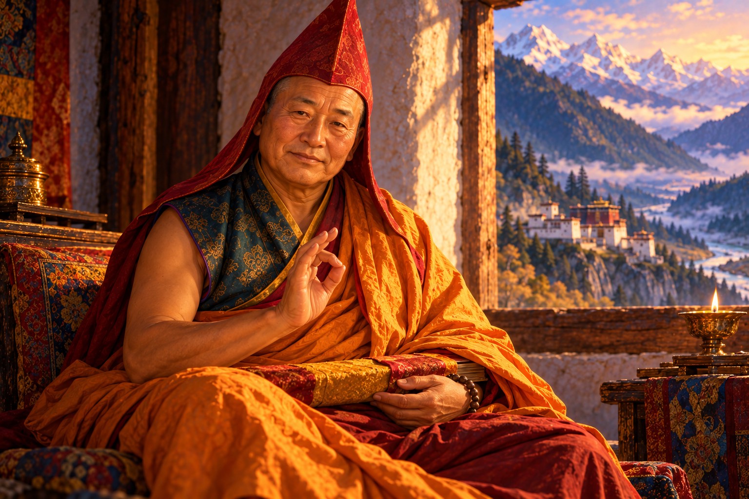 Portrait of an older monk with a round, gentle face in a tall pointed red hat and orange shawl, right hand raised in a teaching gesture, a cloth-wrapped book in his lap, in soft gold light.