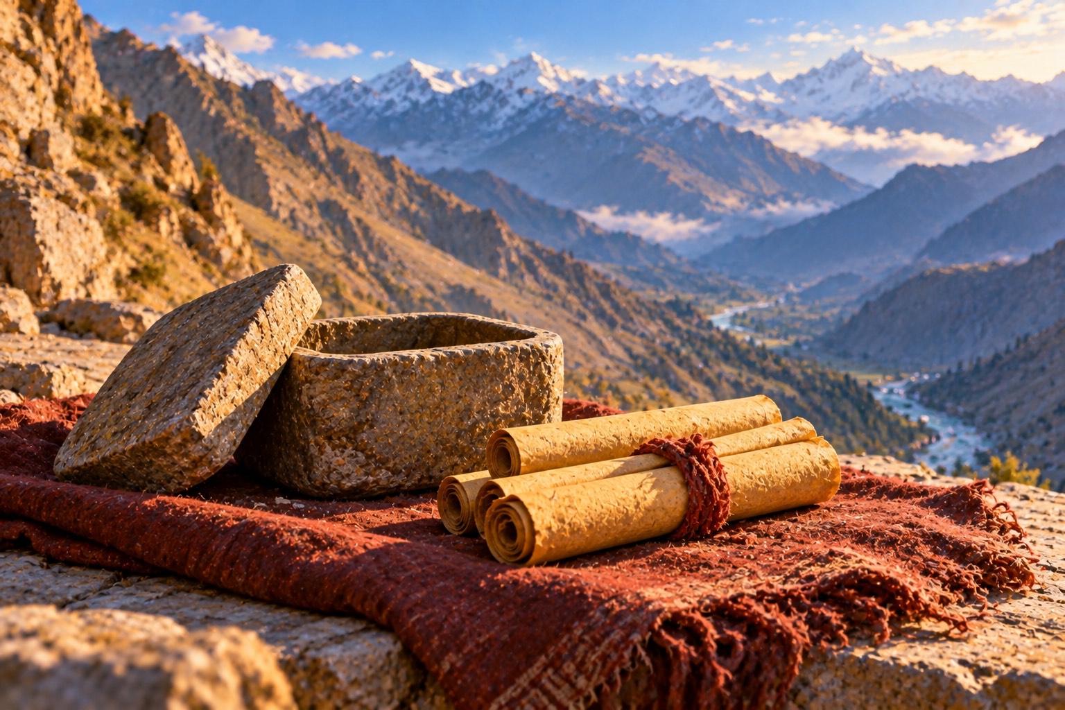 A close-up of a small weathered stone casket with its lid beside it and three small rolled yellow scrolls on a maroon cloth, resting on a stone ledge in morning sun, with blurred mountain slopes behind.