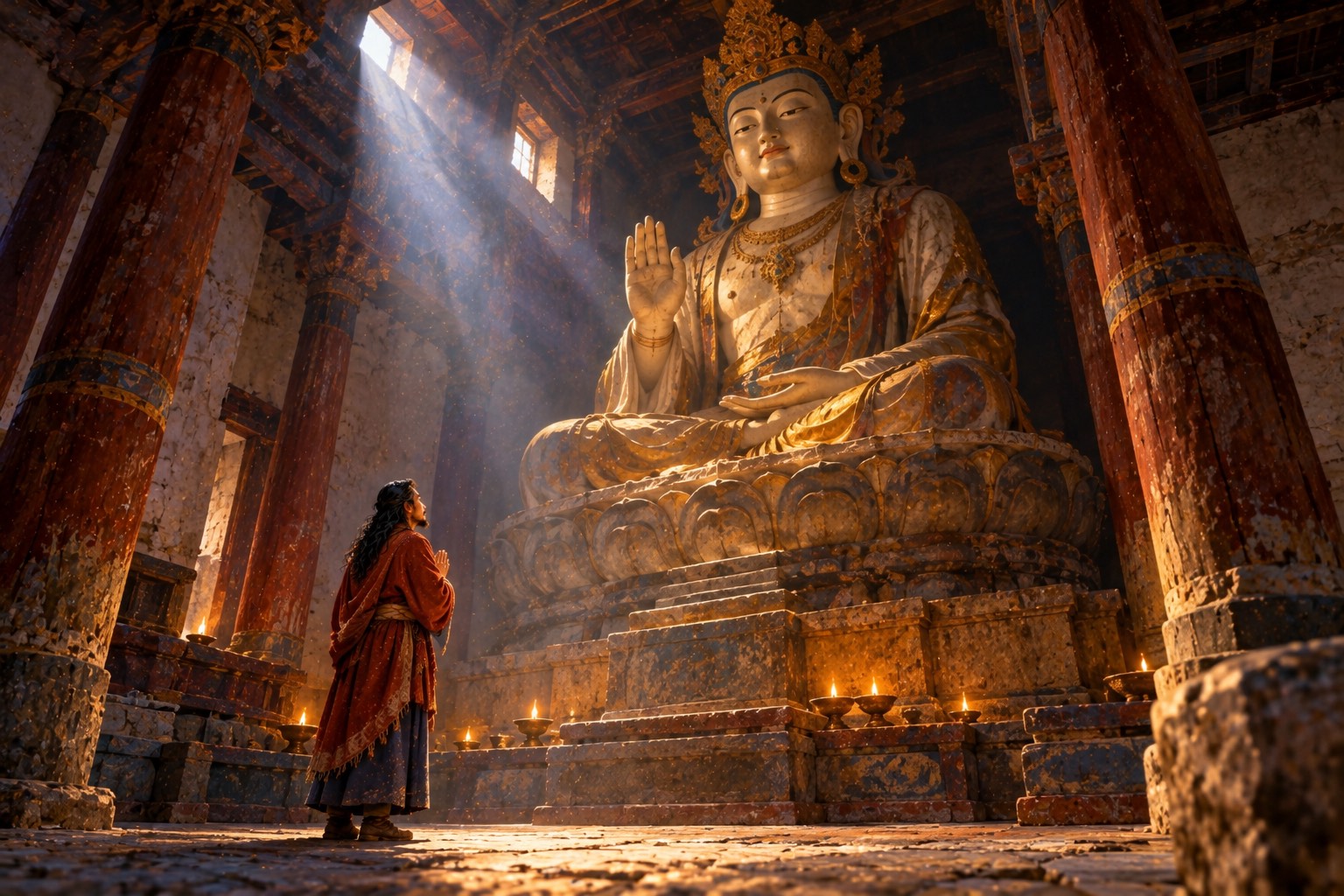 In a dim temple hall, a shaft of daylight falls on a huge, serene crowned statue of the Buddha Vairochana with its right hand raised. At its foot a small figure in a red-orange cloak stands with joined palms, looking up.