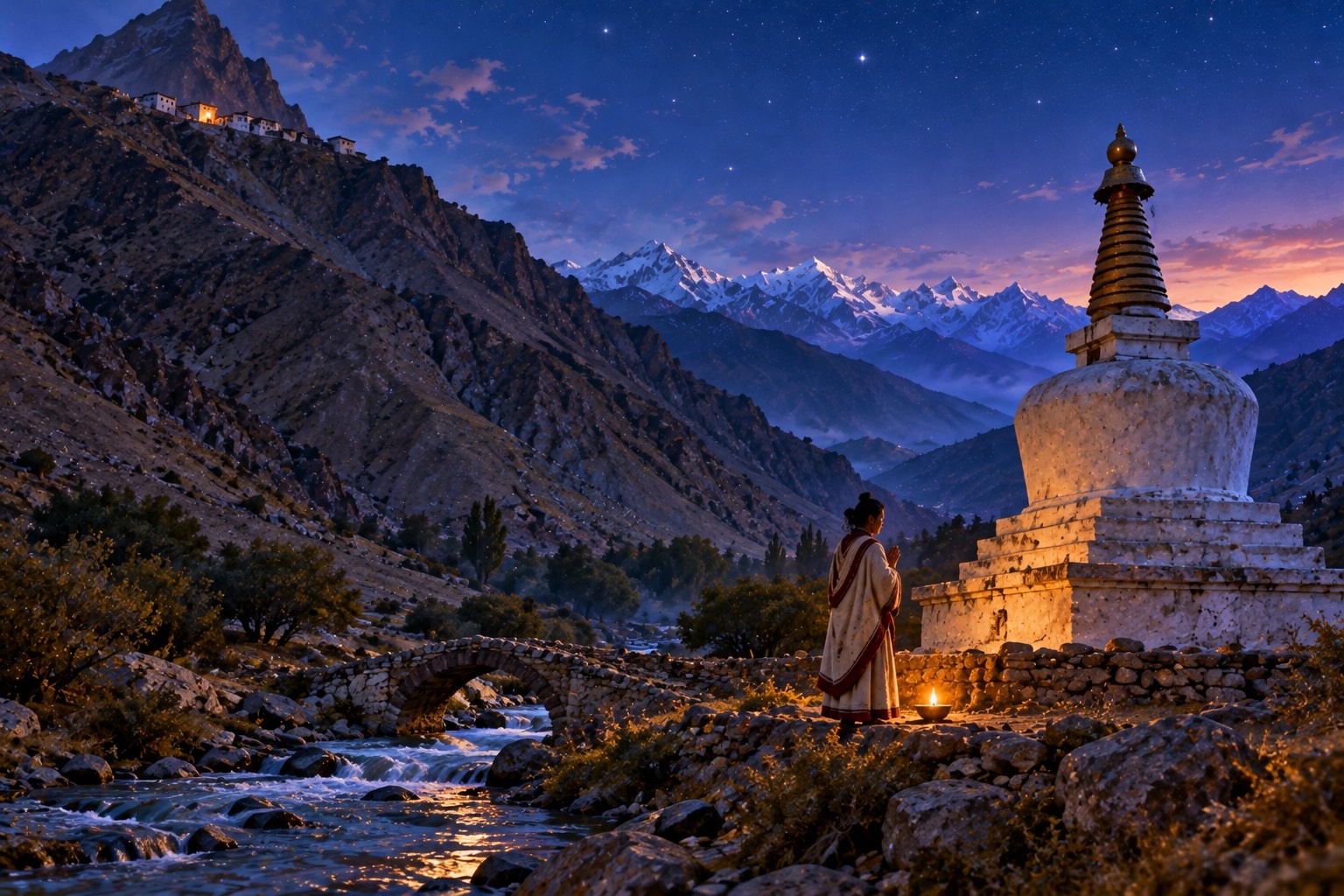 At dusk, a large white stupa stands on a valley floor beside a small stone bridge, with first stars over bare mountains. High above, one lit window glows in the hermitage on the mountainside. A small figure in white and red stands near the stupa with joined palms beside a little lamp.