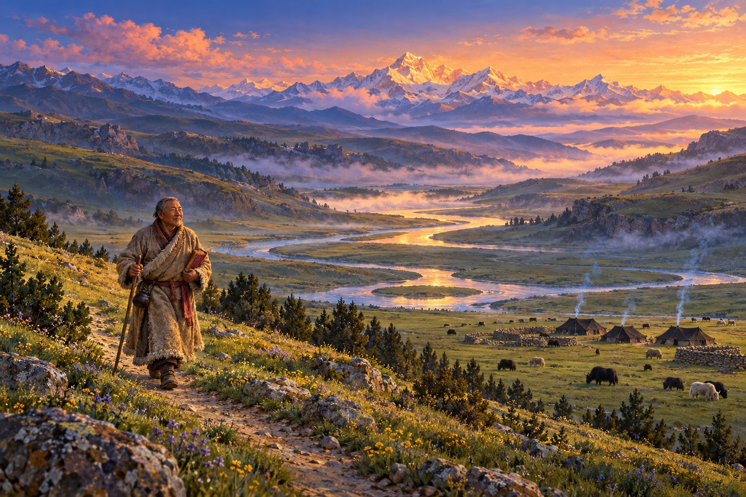 A vast green grassland at dawn with a winding river, mist and snow peaks glowing pink. Far off are black nomad tents with smoke rising. A small figure in a sheepskin coat walks alone along a footpath with a staff.