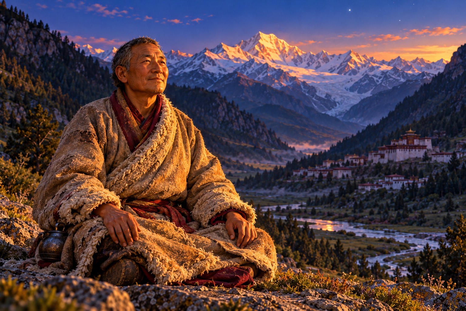A man in a dusty sheepskin coat sits upright on the ground at dusk, calm and gently smiling, with a forested valley and a pale glacier fading into blue behind him.