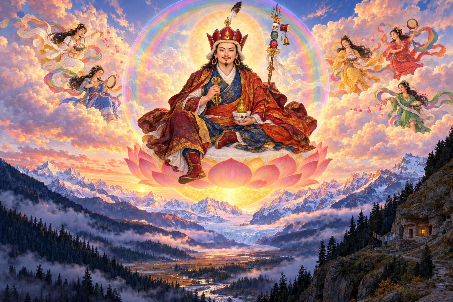 Guru Rinpoche in a lotus hat, holding a vajra and skull cup, sits on a lotus in a rainbow sphere among dawn clouds. Small dakinis surround him, and far below a glacier glows above a dark valley with one lit hermitage window.