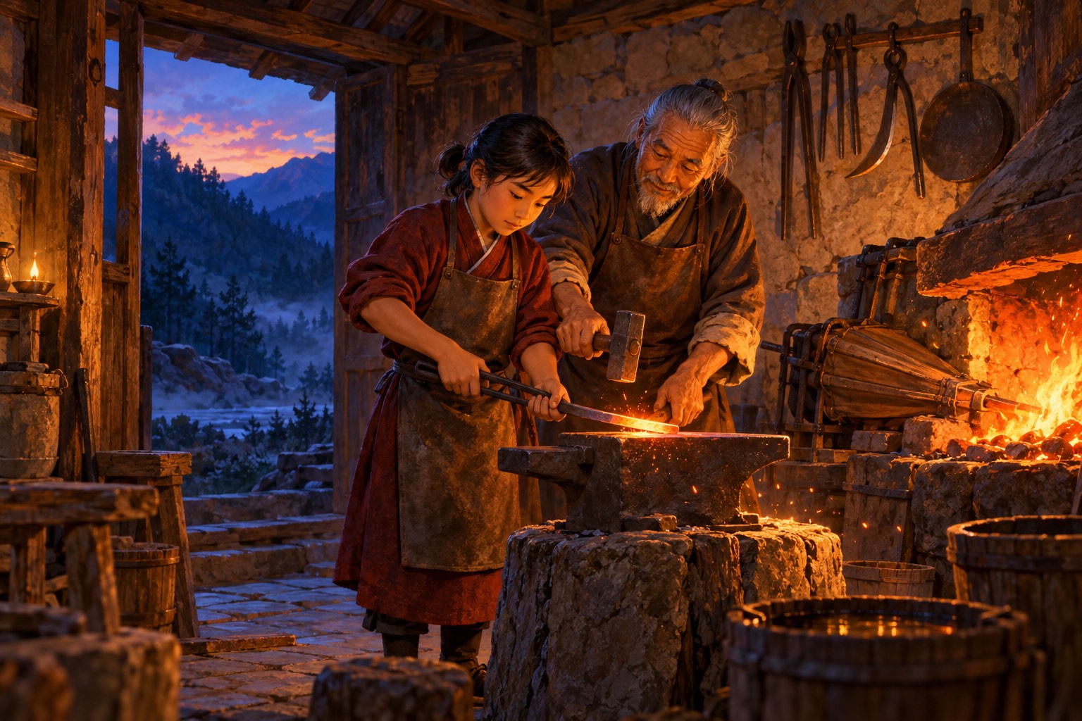 Inside a stone forge lit by a glowing hearth, a boy in a leather apron holds an iron bar on an anvil with tongs while his grey-haired grandfather guides his arm. Tools and an iron pan hang on the wall; blue dusk shows through the doorway.