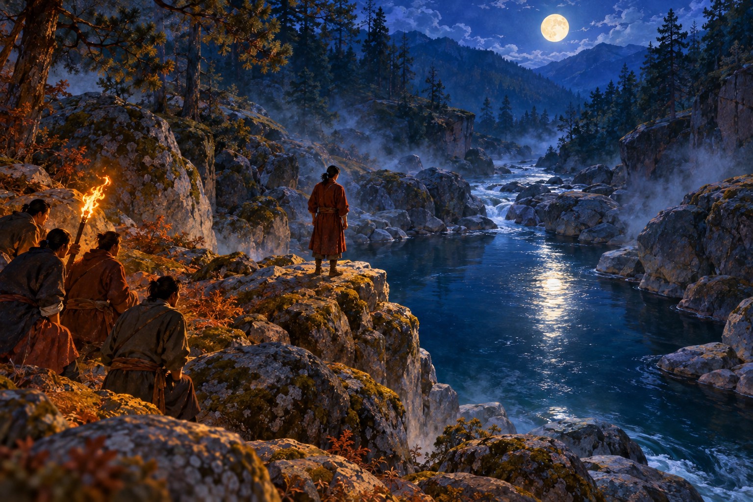 Seen from high above, a moonlit gorge with a dark pool reflecting the full moon. A lone man stands at the water's edge looking down while five friends hang back among the boulders, one holding a small torch.