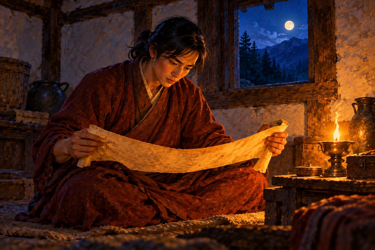 By the light of a single butter lamp, a young man sits cross-legged in a dim room studying a long strip of old yellow paper across his knees, his face intent.