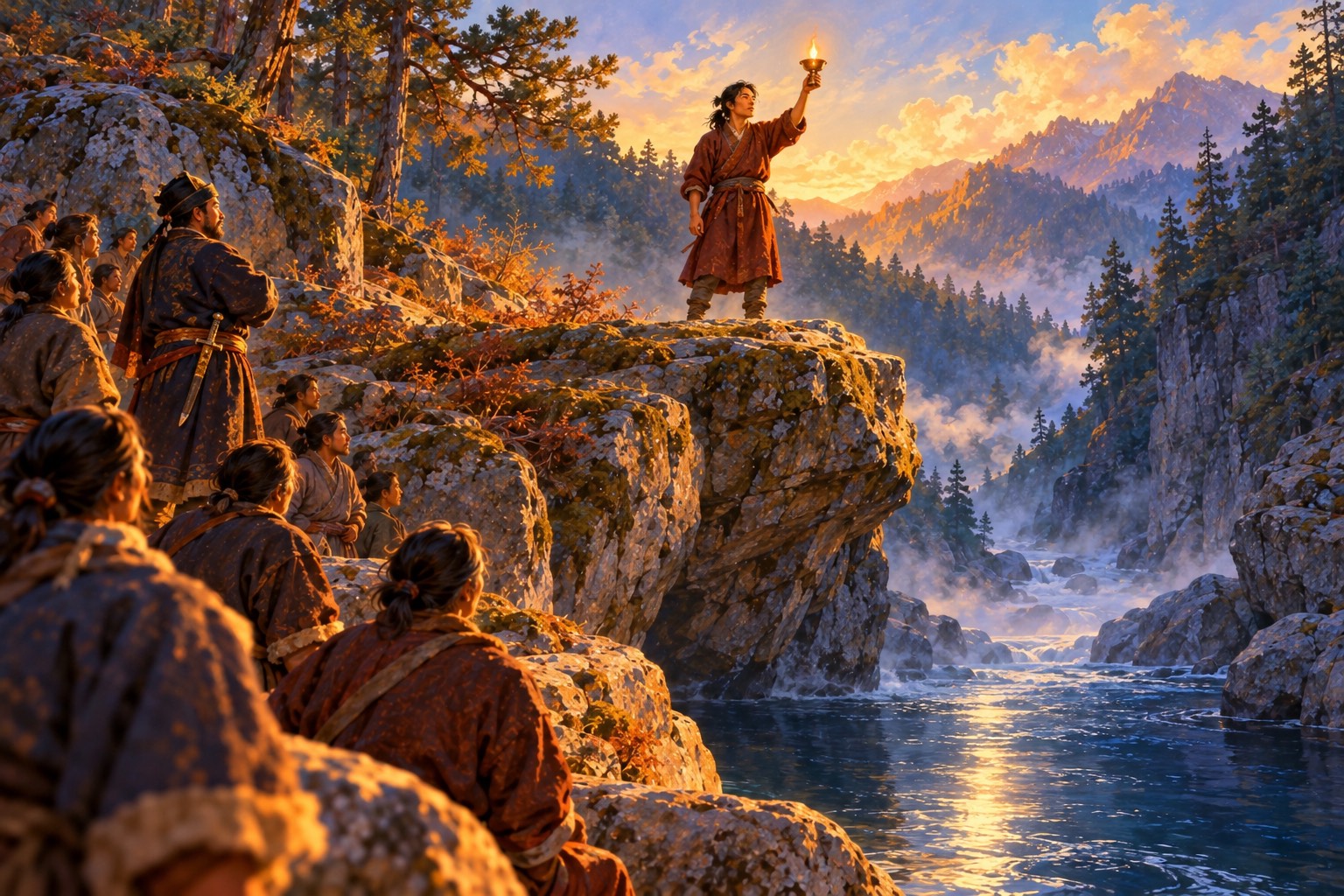 Looking up from the water's edge, a young man stands on a rock above a dark pool holding a lit butter lamp high, his face calm. Below, a crowd of villagers and a stern governor in a dark robe watch.