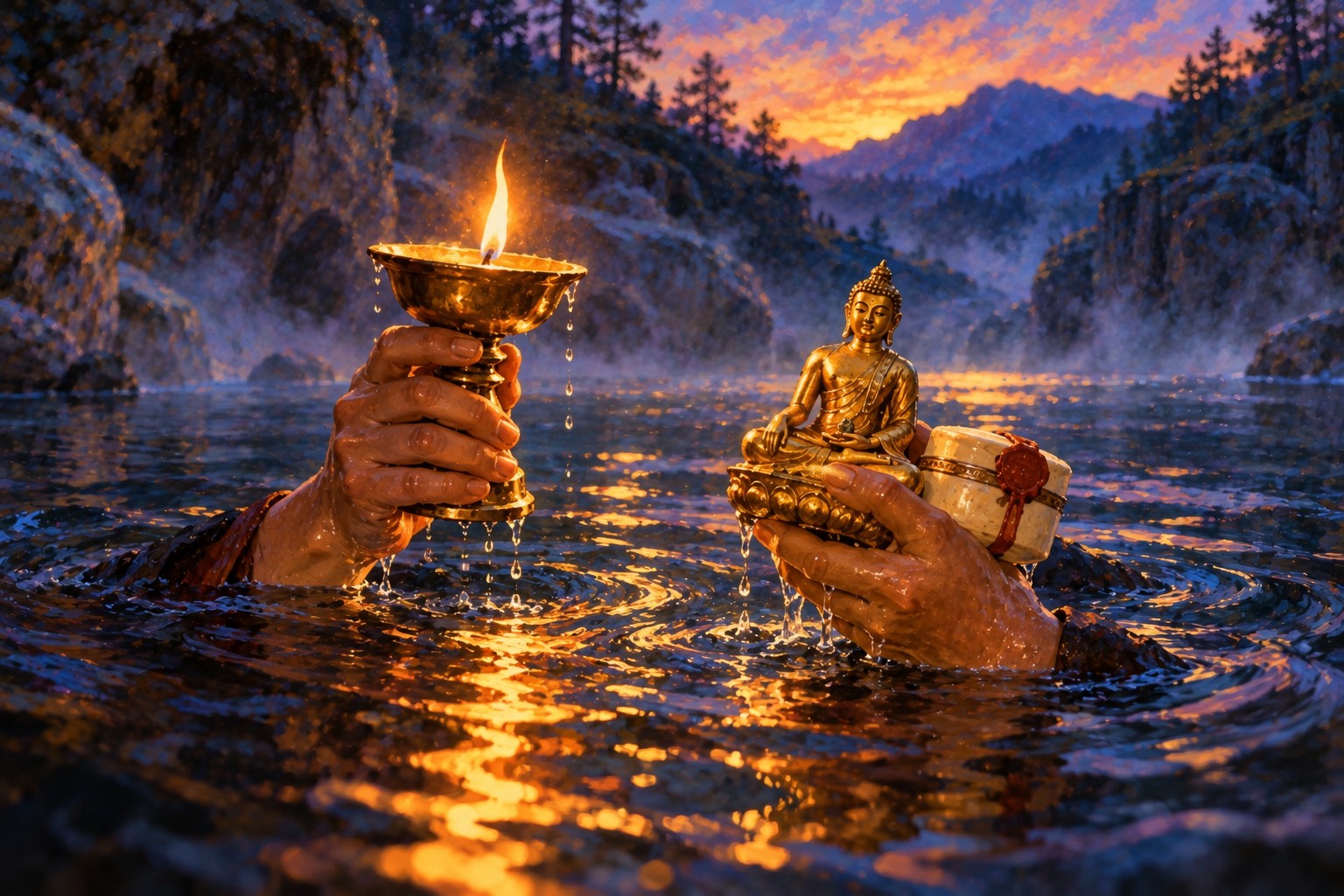 Close-up at the surface of a dark pool: wet hands rise from the water holding a small brass butter lamp whose flame is still burning, a little golden Buddha statue and a small sealed casket. Rings of golden light ripple outward.