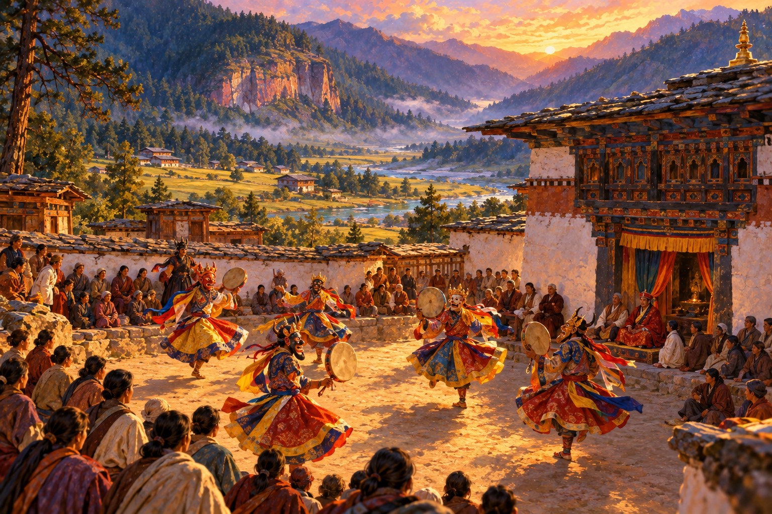 Seen from above at golden hour, masked dancers in bright swirling skirts circle in the courtyard of a small whitewashed temple while villagers watch. A broad green valley, a river and a reddish cliff stretch beyond.