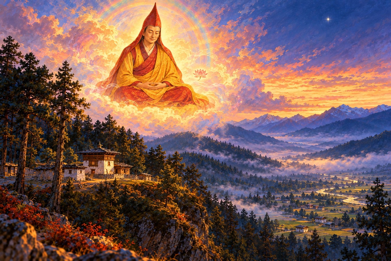 Above a forested ridge with a small white temple, the master Longchenpa appears in the twilight sky in a tall pointed red hat and red and gold robes, seated on soft clouds of light, gently glowing.