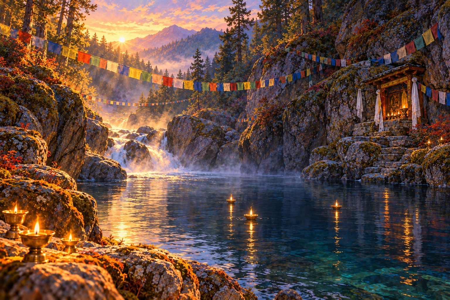 A dark, still pool in a rocky gorge at dawn, with faded prayer flags strung between pines and a small shrine set into the rock. Small butter lamps glow on the rocks and float on the water, their flames reflected in long golden lines.