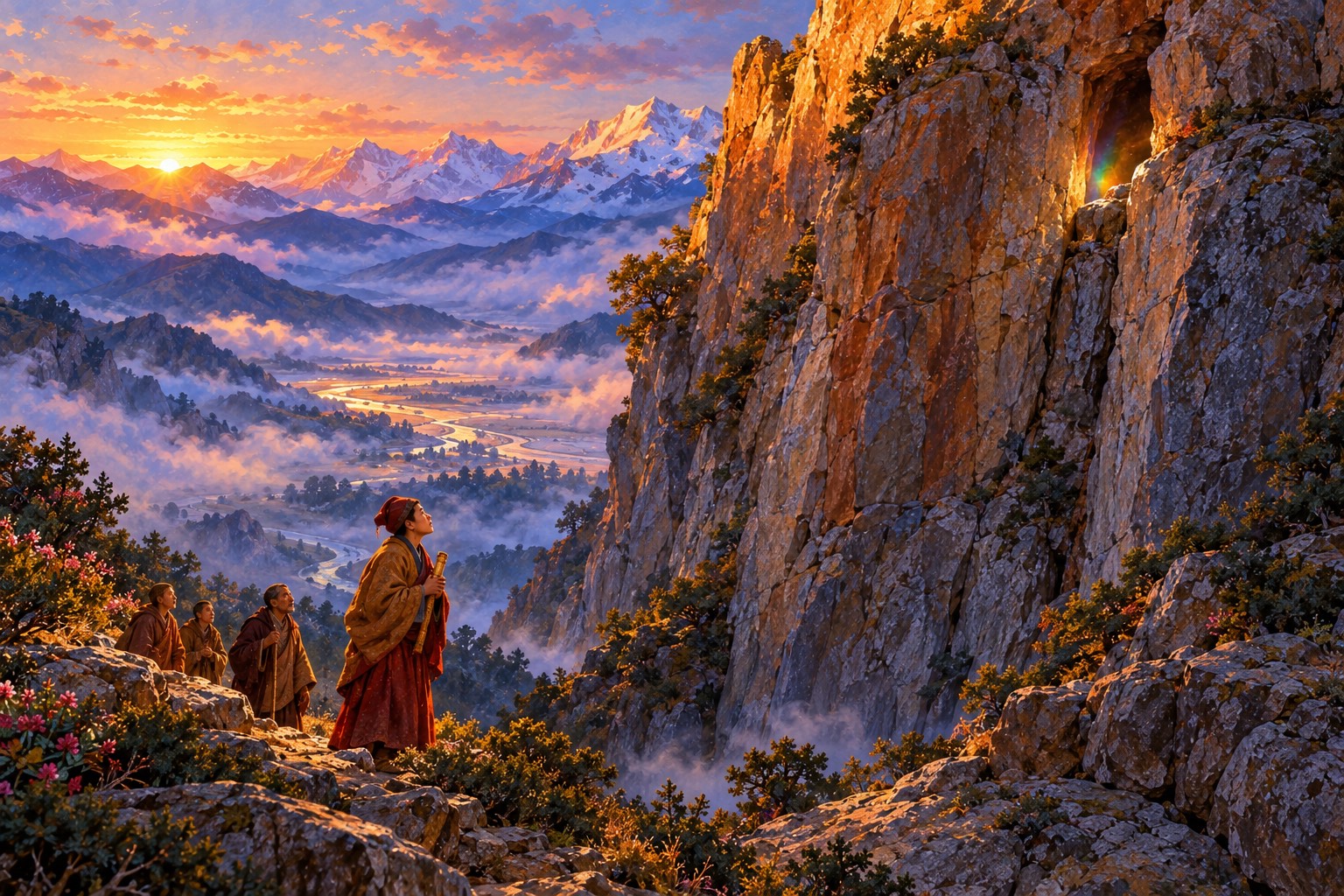 Looking up at a tall speckled cliff at dawn. At its foot a young monk in a red cap holds a small yellow scroll to his heart, with three companions behind him, and a faint rainbow glow shines from a crack in the rock above.