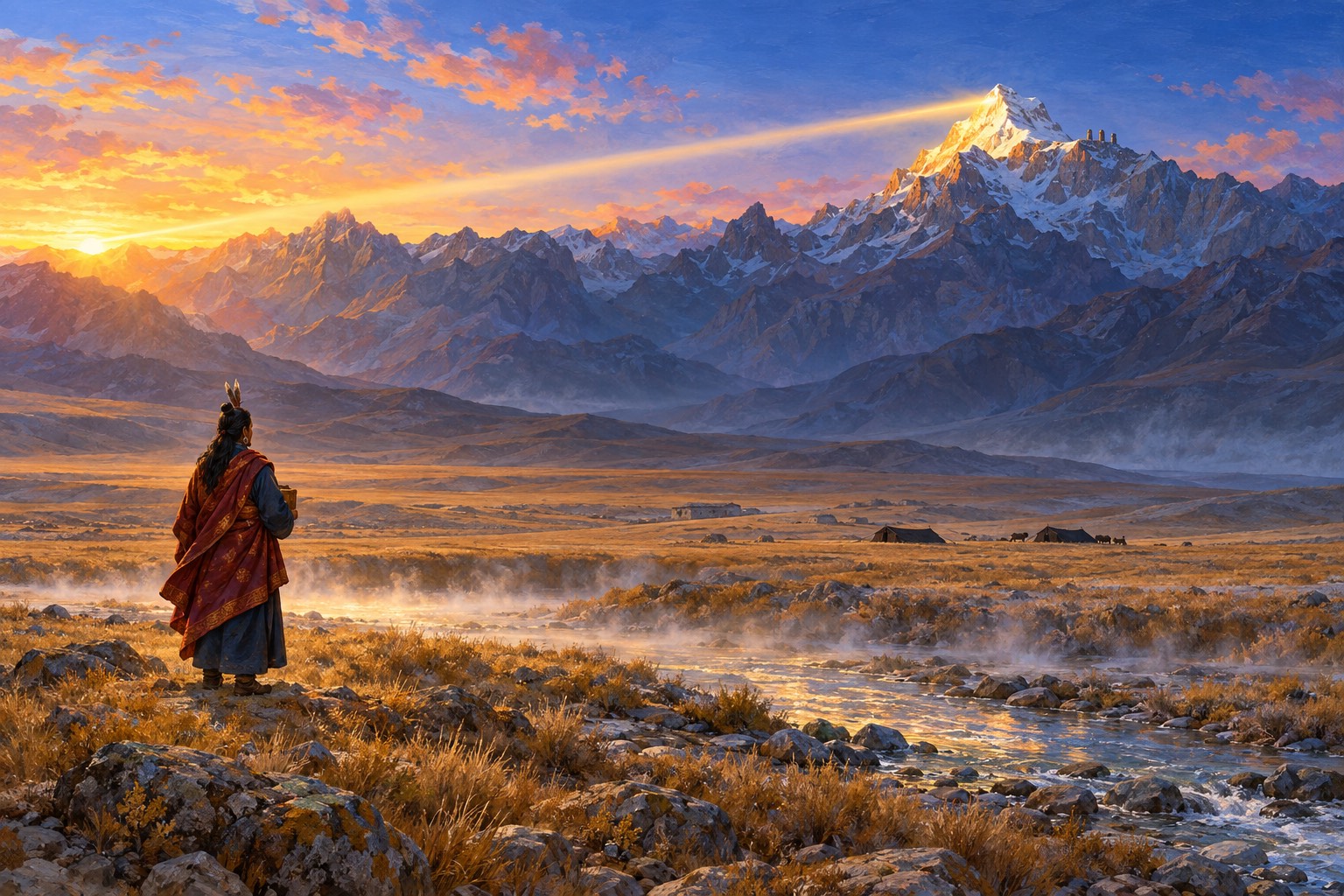 A wide high plateau at dawn. A long bare mountain range is still in blue shadow except for one white-topped peak, touched by a single beam of pale light from the east. A small figure in a maroon shawl stands by a stream in the foreground, looking toward it.
