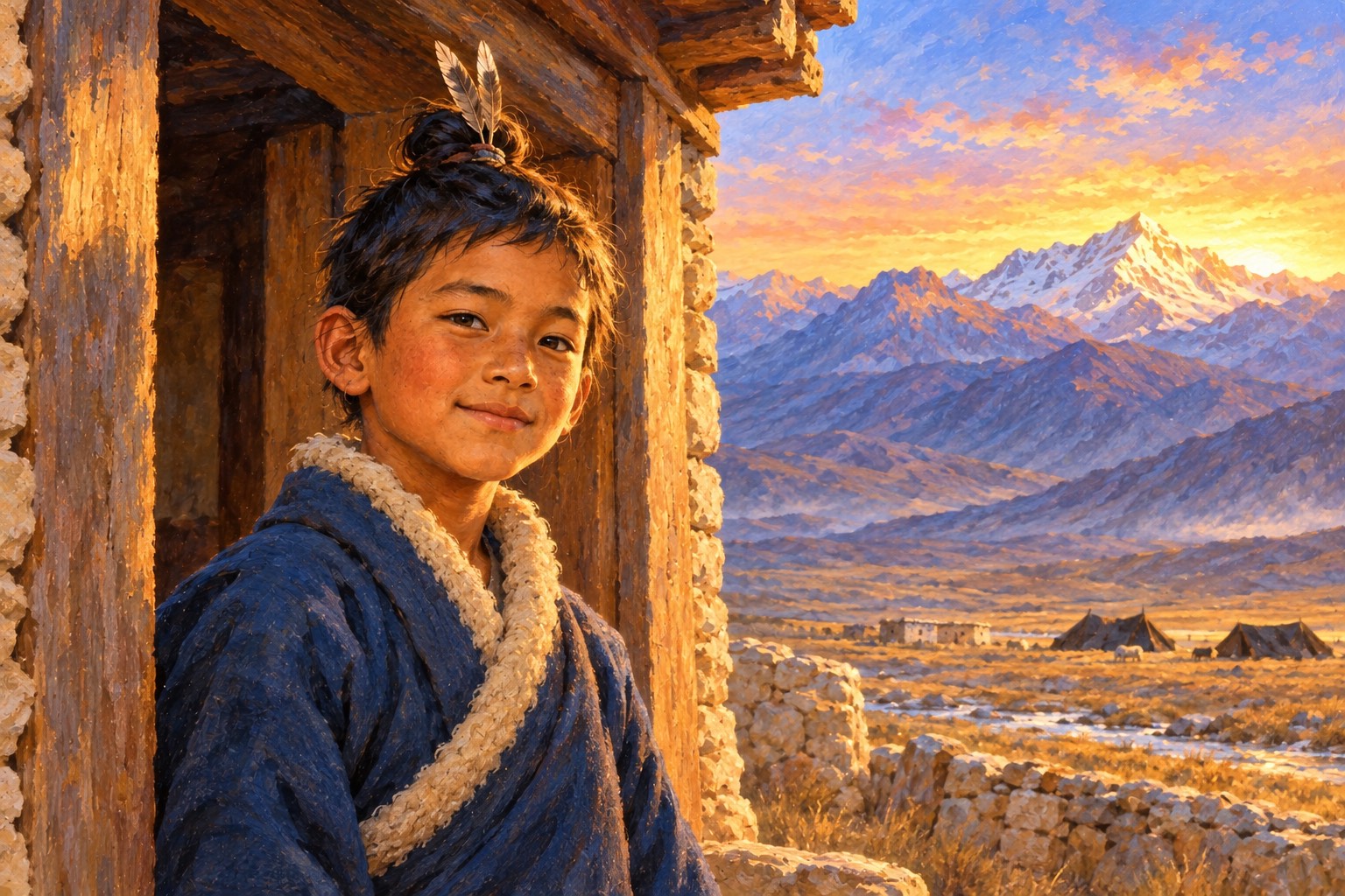 Close portrait of a boy of about twelve in a dark blue wool robe, standing in a stone doorway in morning light. Three tiny grey-brown feathers rise from the small topknot on top of his head.