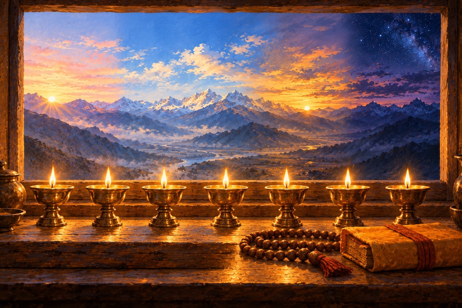 Seven small brass butter lamps in a row on a wooden shelf, with a window behind them whose sky changes from dawn to midday to night across the row. A wooden mala and a cloth-wrapped book lie beside them.