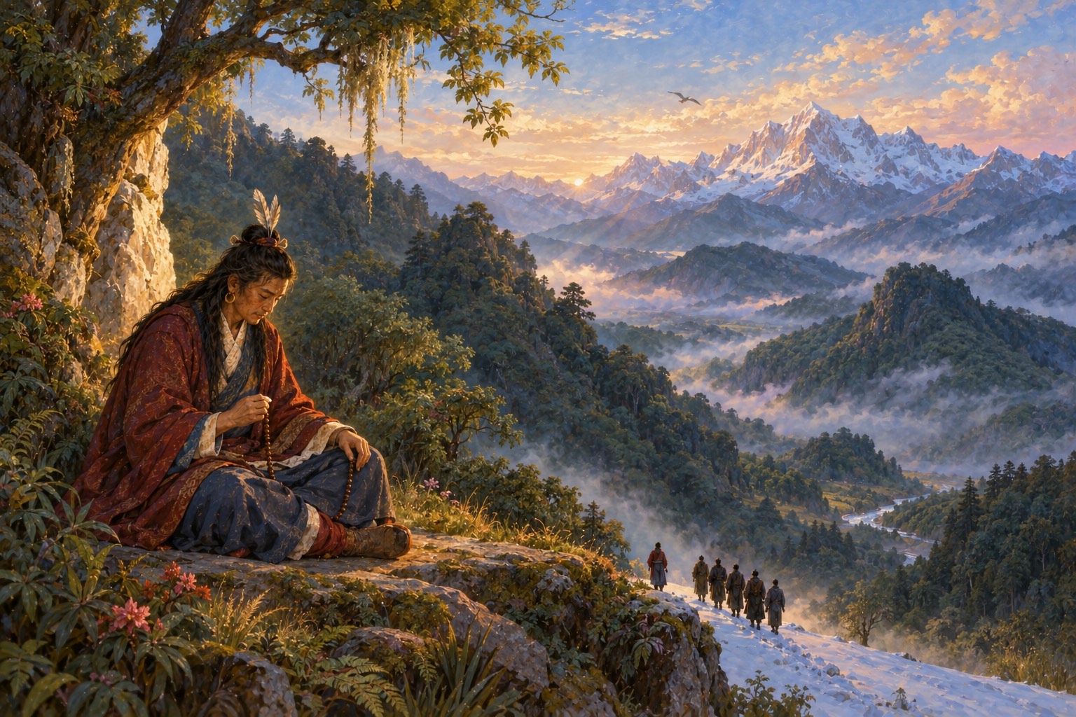 A man in a maroon shawl sits in quiet prayer at the mouth of a white rock cave surrounded by ferns, moss and red rhododendron flowers. Below, mist fills a forested valley; far away, the snow peaks of Kangchenjunga glow gold, and a vulture soars high.
