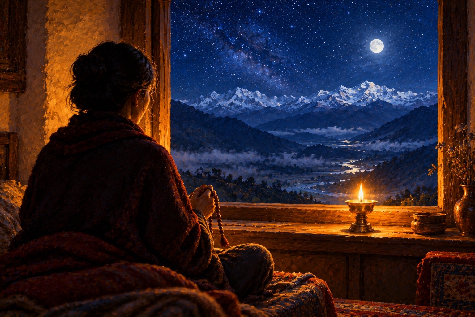 The silhouette of a person seated by a window at night, holding a mala, with a small butter lamp burning on the sill and a starry sky over distant snow mountains outside.