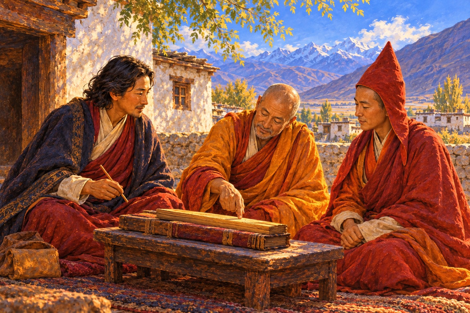 In a sunny Tibetan courtyard, a Tibetan scholar in a dark cloak sits with two Indian monks in ochre robes around a low table of palm-leaf manuscripts, listening as the older monk points to a page.