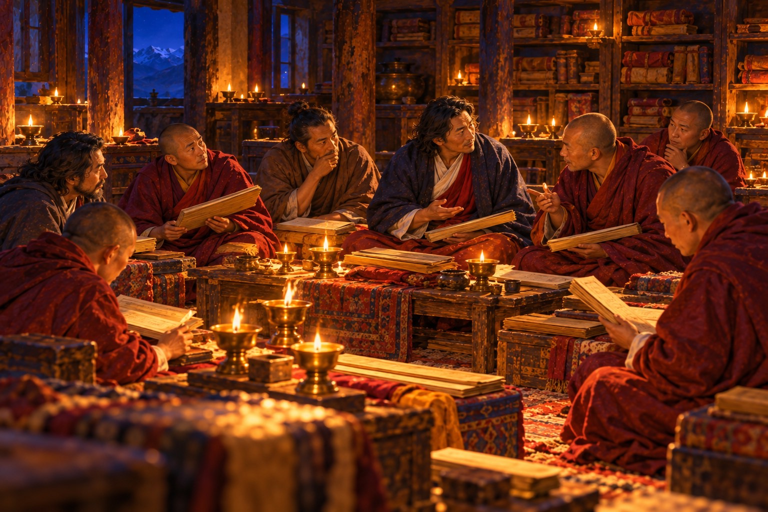 A lamp-lit Tibetan room at night where a circle of monks and lay scholars read long loose-leaf books. Rongzom, in a dark cloak, sits among them calmly answering a question.