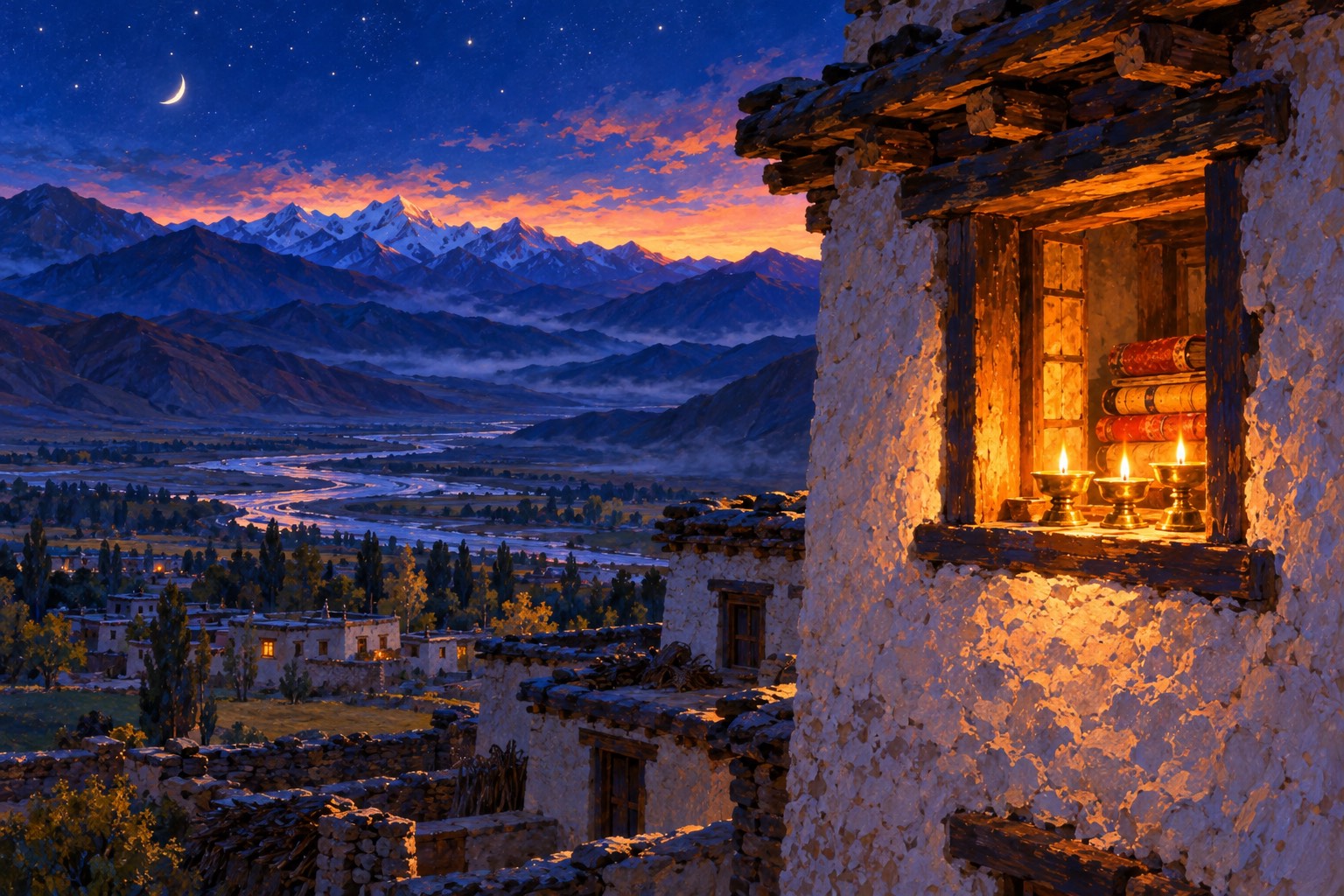 A Tibetan house at dusk, its upper window lit by three butter lamps beside a stack of wrapped books, with a dark valley, a silver river and the first stars beyond.