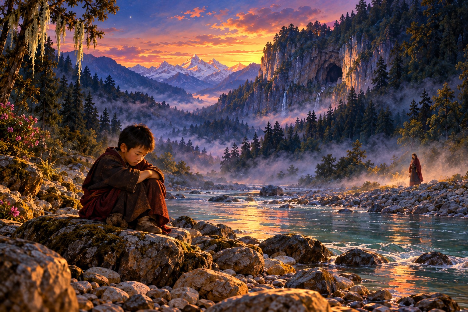 A sad boy sits alone on a rock by a misty river at dusk, while far off along the bank a woman in a red cloak stands turned toward him.
