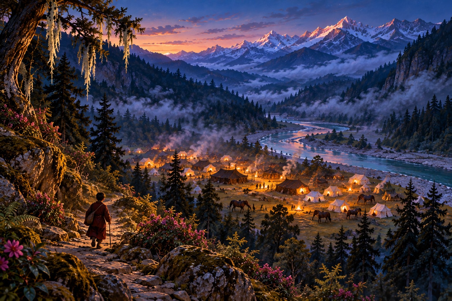 Seen from above at blue hour, a boy walks down a forest path toward a large camp of tents glowing with lamplight in a river valley.