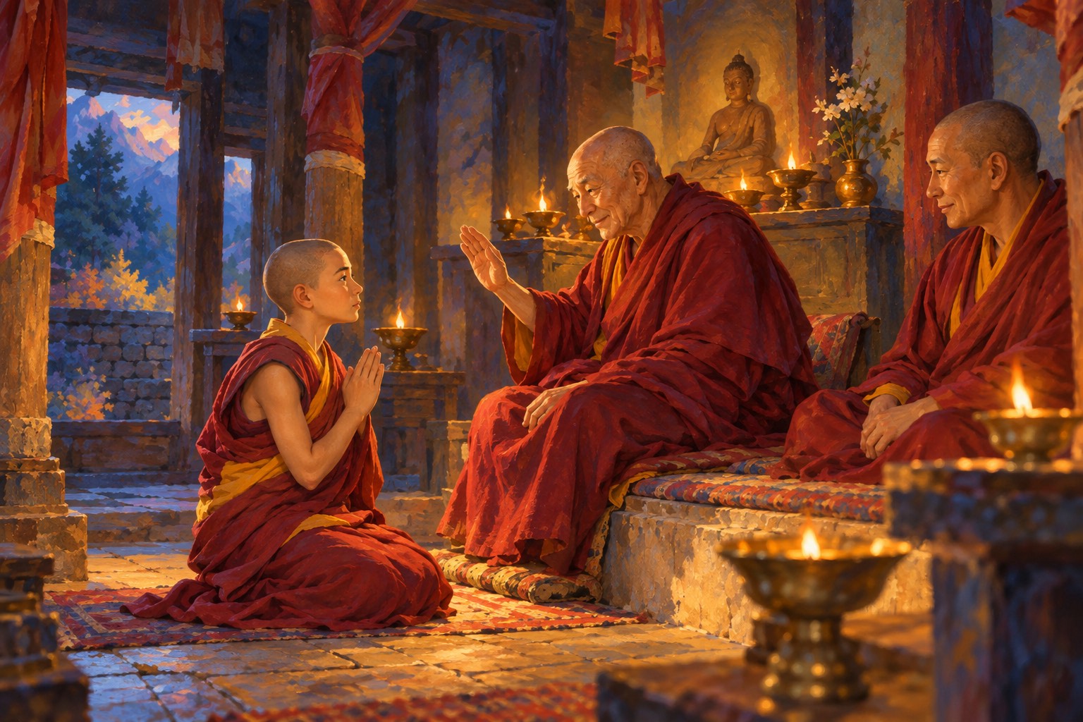 In a lamplit monastery hall a newly shaved youth in maroon robes kneels with joined palms before two elder monks, one raising a hand in blessing.