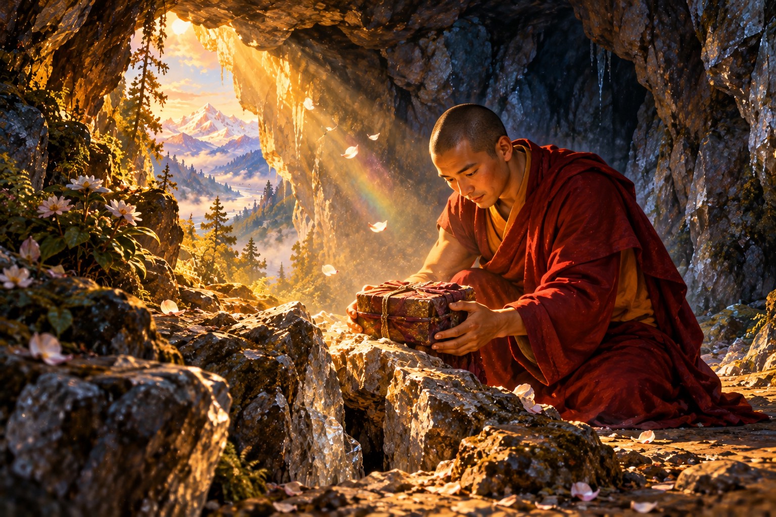 Inside a crystalline rock cave, a young monk kneels and lifts a small cloth-wrapped casket from a cleft as morning light and drifting petals fill the air.