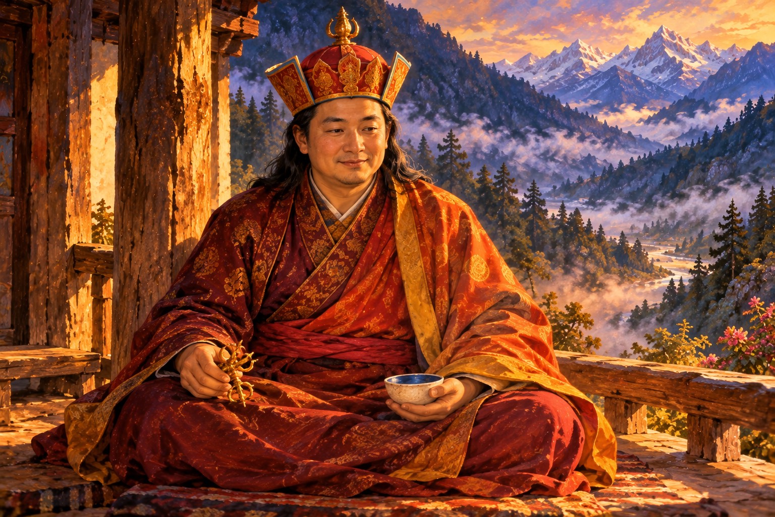 Portrait of Sangye Lingpa, a round-faced man in a tall red-and-gold hat and orange-red robes, holding a small golden vajra at his knee.