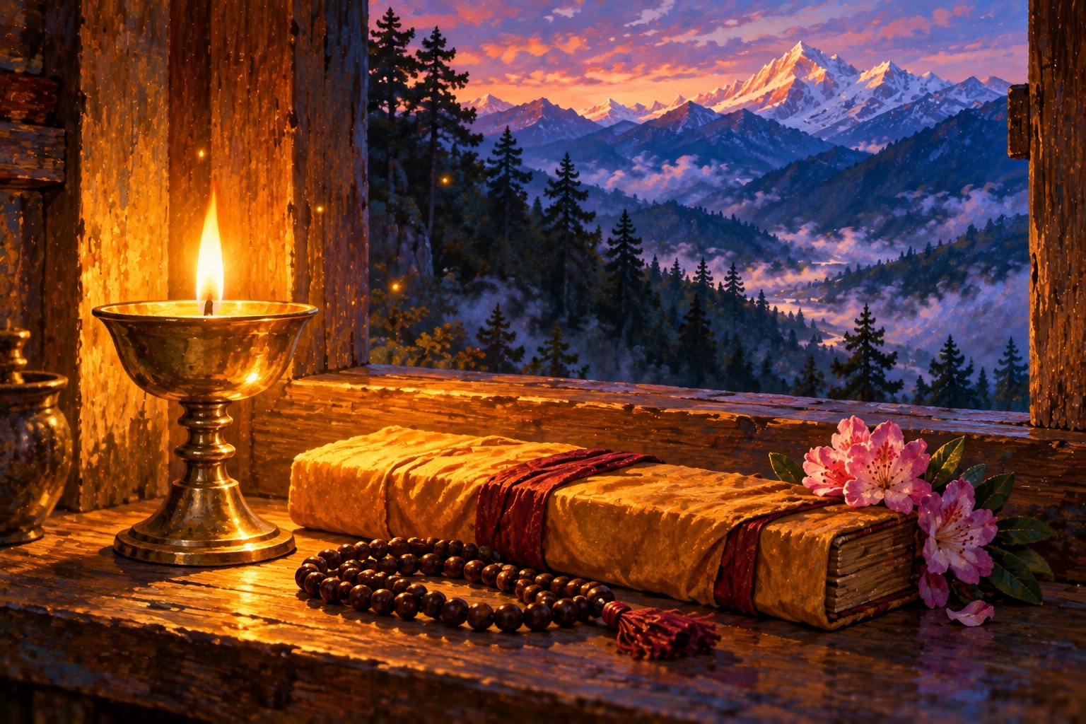 A single butter lamp burns on a wooden shelf beside a cloth-wrapped book, a mala and a sprig of rhododendron, with forested hills at dusk beyond the window.
