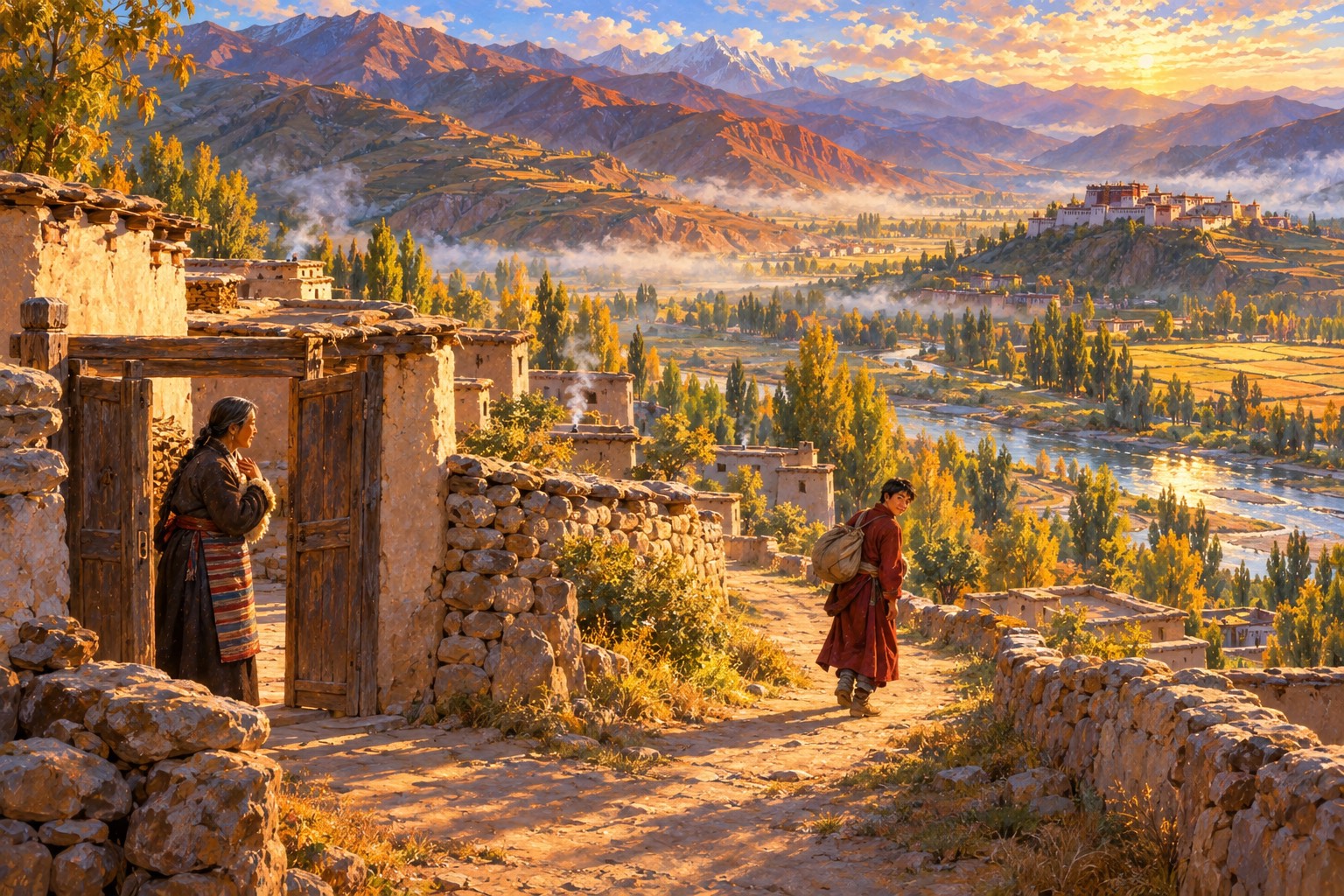 Seen from above, a small earthen house at the edge of a village in a river valley. A mother stands at the gate with her hand on her heart, while her son, a little way down the track with a bundle on his back, turns to look back at her.