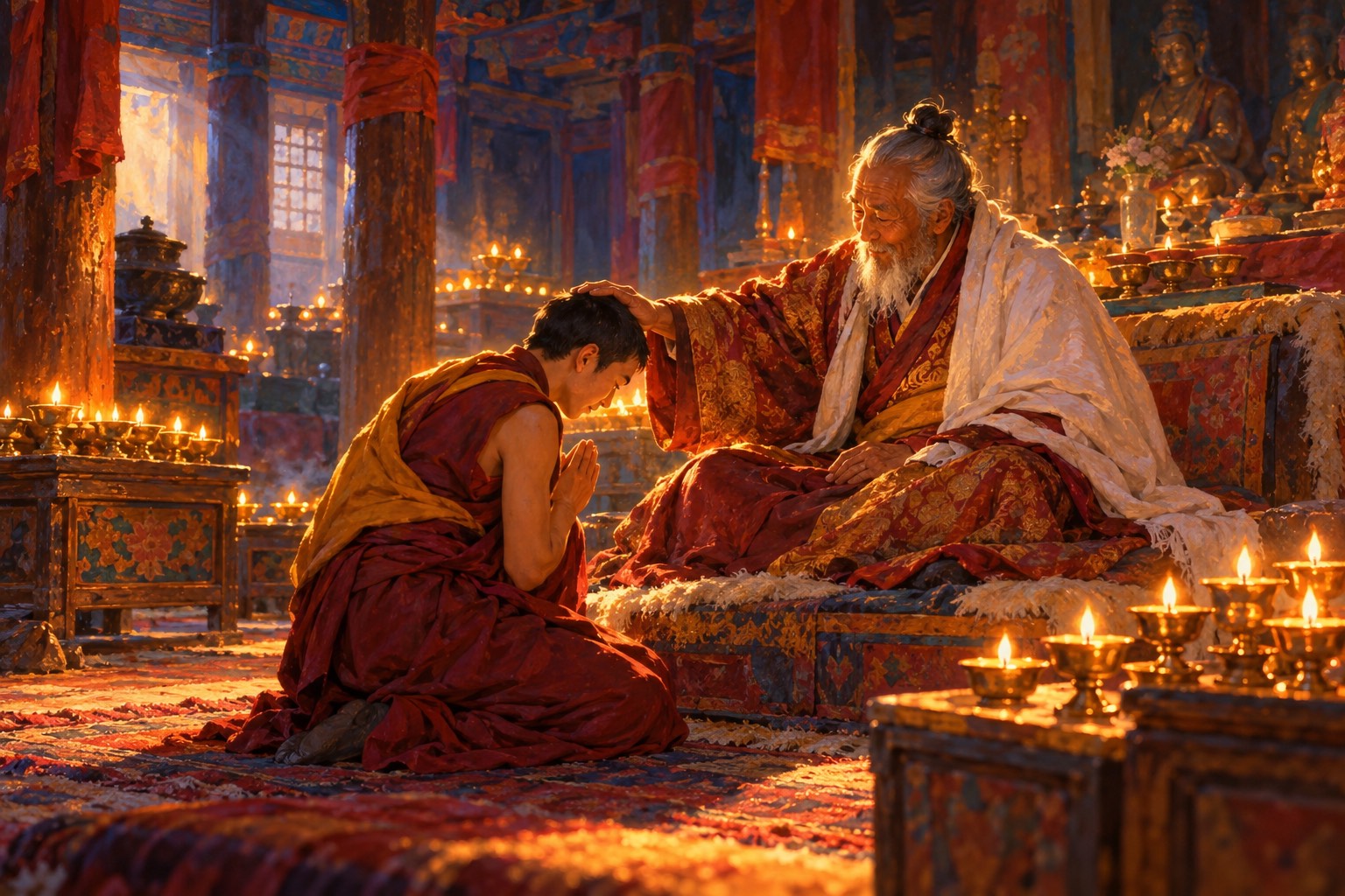 Inside a lamp-lit temple hall, an elderly lama with a white beard and a brocade robe gently touches the bowed head of a young monk who kneels before him with his palms joined.
