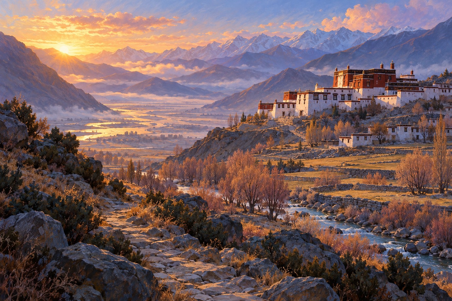 A dry Tibetan valley at dawn. A stone path and a stream lead toward the head of the valley, where whitewashed and red-ochre monastery buildings are just coming into view around a bare hillside, their roofs lit by the first sun.