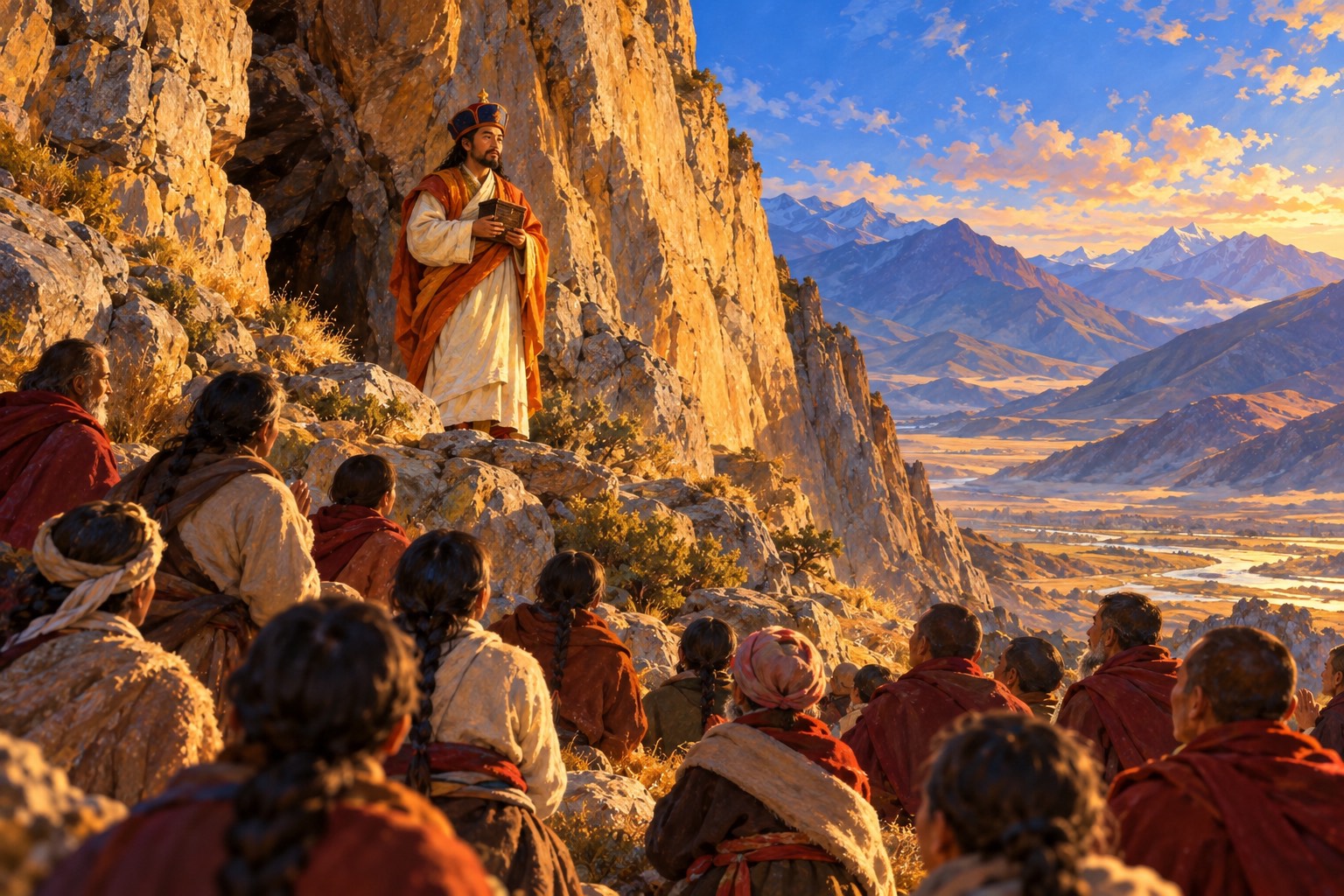 Looking up at a tall rock cliff in afternoon light. At its foot a small figure in white robes, an orange cloak and a blue hat holds a little box to his chest, while a crowd of villagers and monks watches from the slope below.