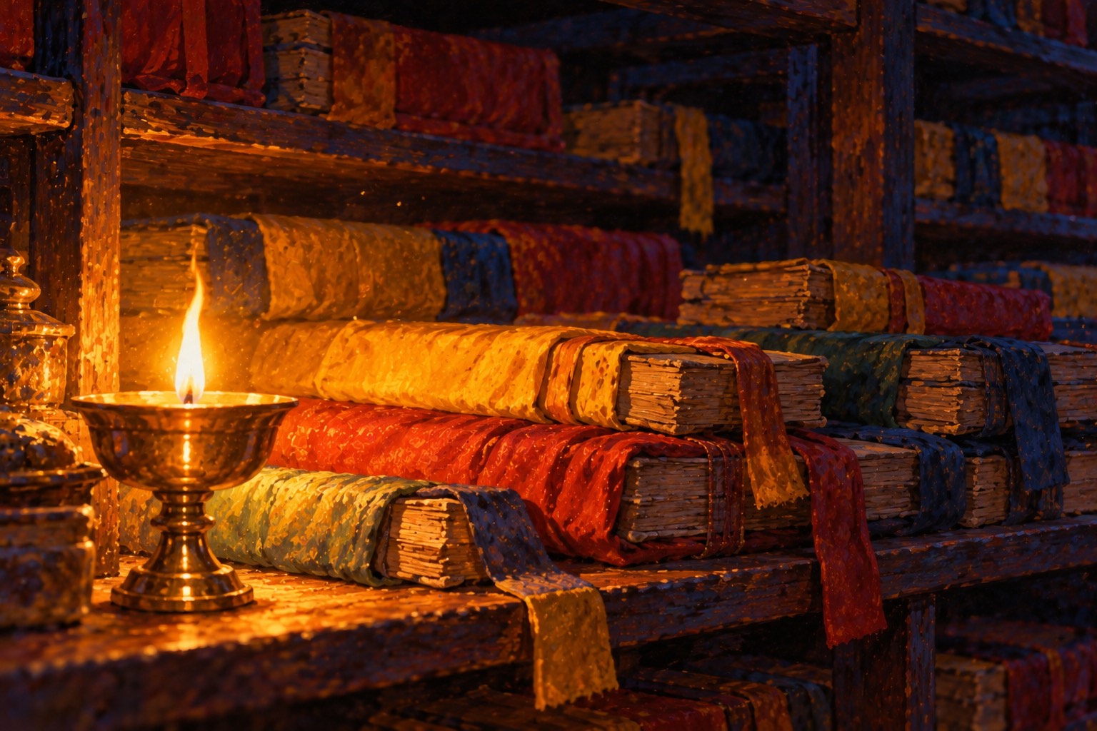 Close view of stacks of long Tibetan books wrapped in yellow, red, blue and green cloth on dark wooden shelves, lit by a single butter lamp.