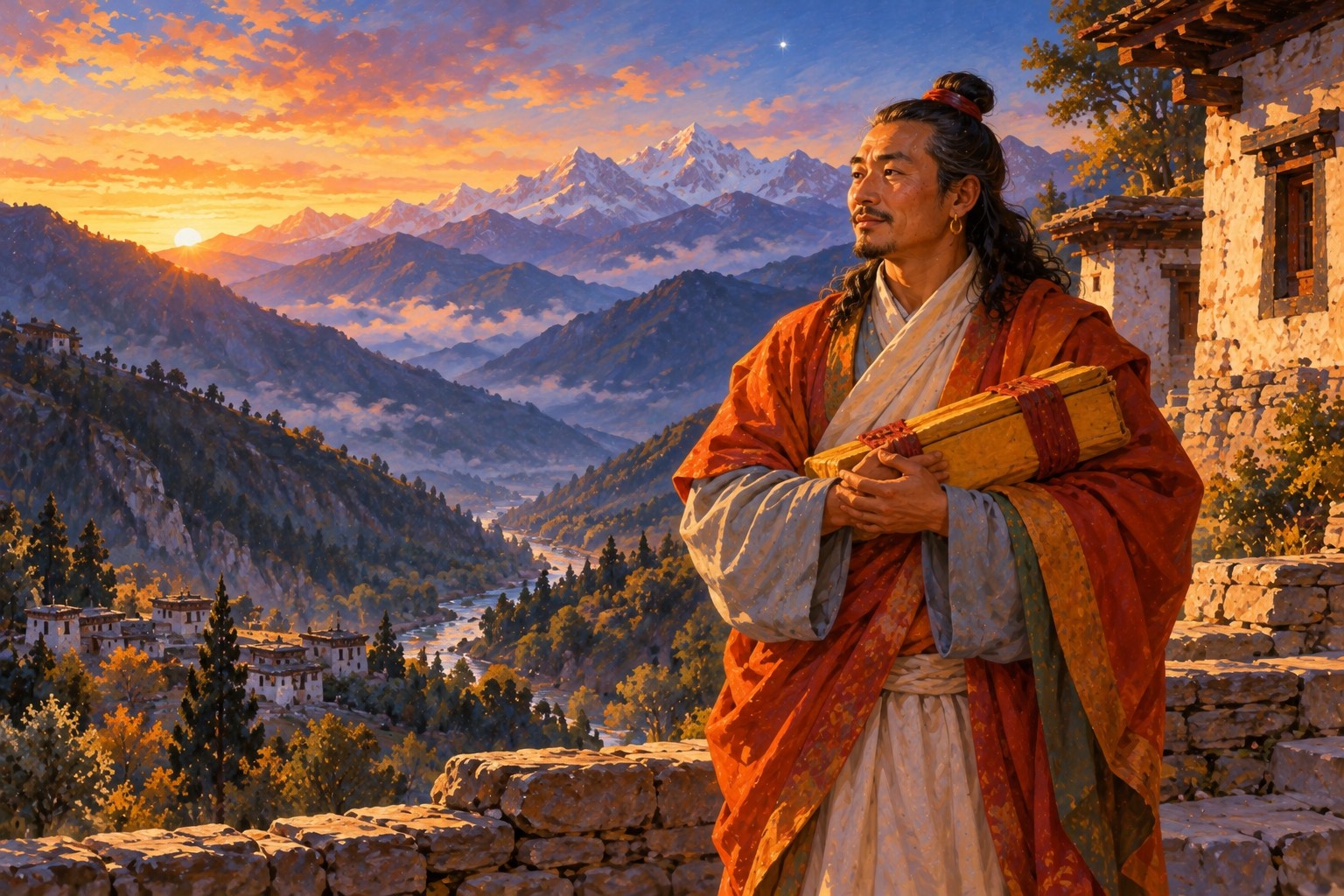 At dusk, a lay master with long dark hair and a red-orange shawl stands on a stone terrace above a wooded valley, holding a wrapped book to his chest.