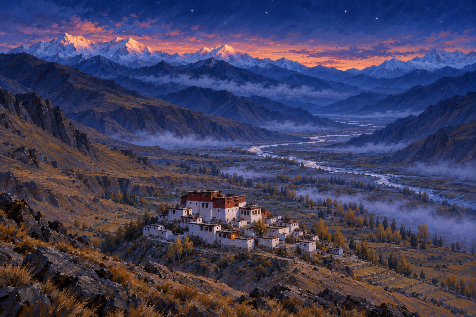 An aerial night view of a dark Tibetan valley, with a small cluster of pale monastery buildings at its head and one window glowing gold, and a river shining faintly beneath the first stars.