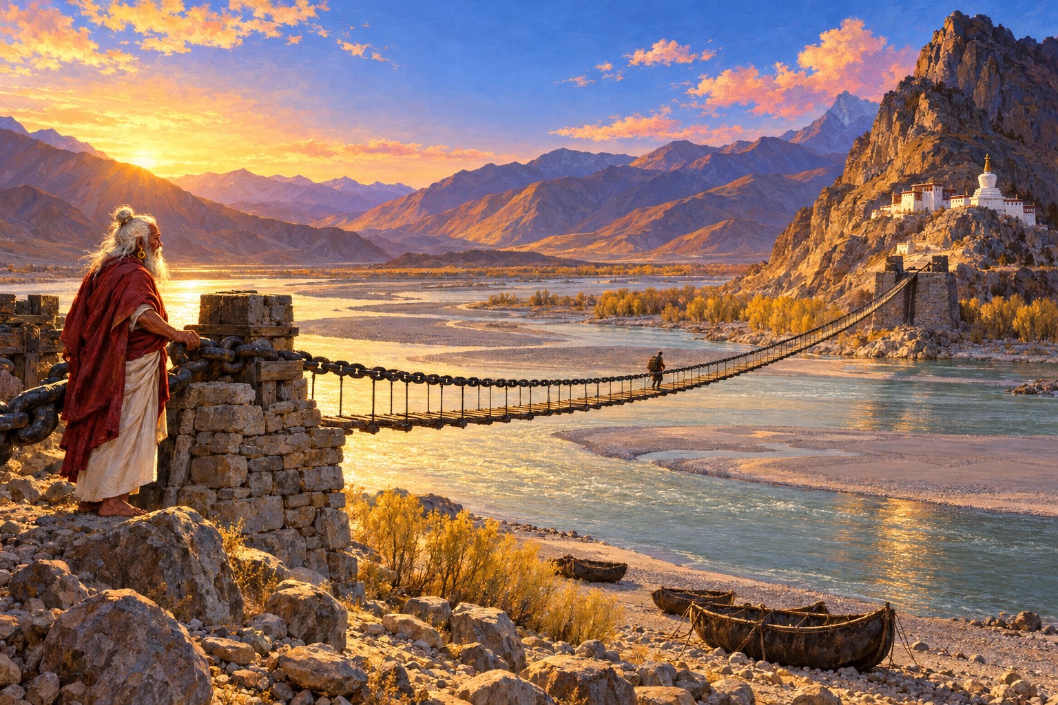 A long iron-chain suspension bridge crosses a wide river between bare golden mountains at sunset. An old man with a white beard and a red cloak stands by the stone pier on the near bank, and a tiny traveller walks across the narrow walkway.