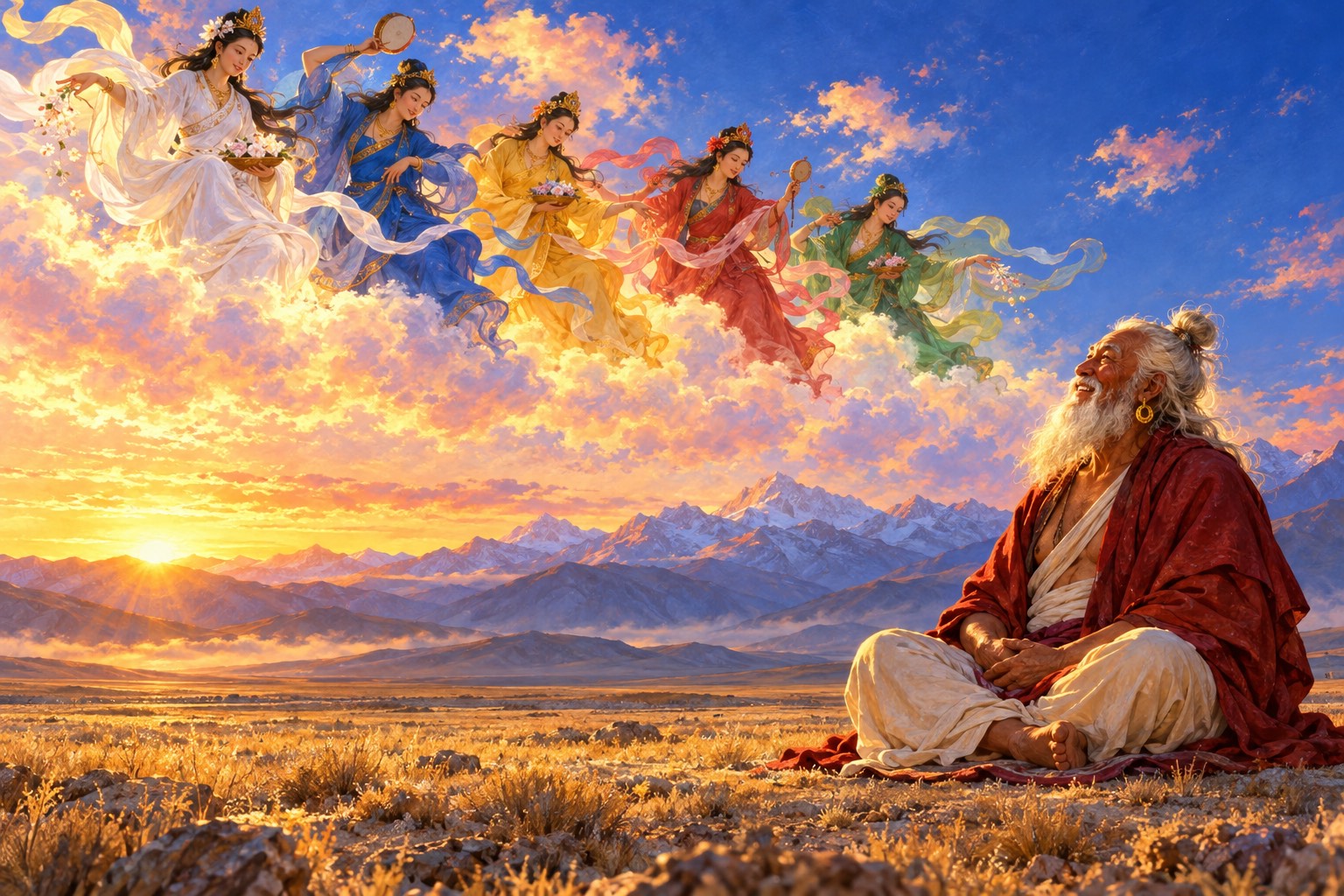 At dawn on a vast empty plain ringed by snow peaks, an old white-bearded yogi in a red cloak sits on the ground looking up and smiling, as five women in silks of five colours float towards him on clouds.
