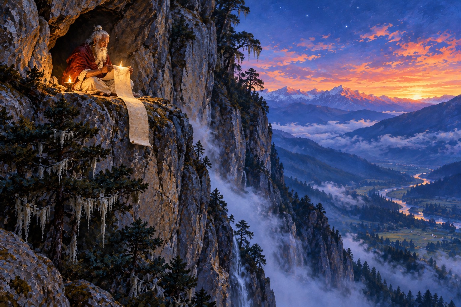 Looking up a towering granite cliff at dusk: high on a narrow ledge by a cave, a small white-haired figure holds a long pale scroll that unrolls over the edge, lit by a single butter lamp.